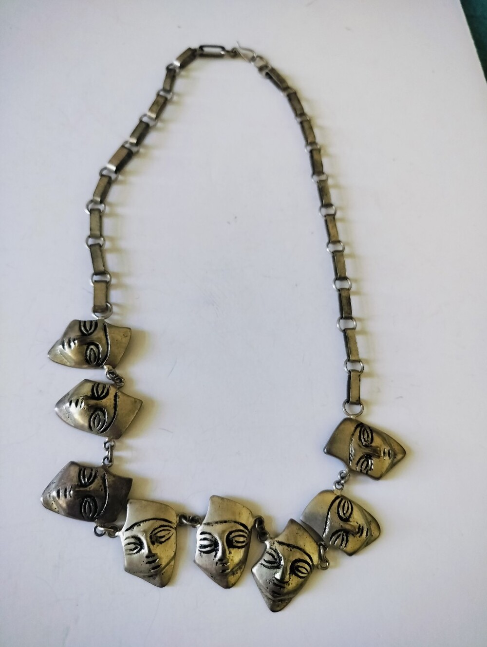 Vintage Peruvian Andean Mask Statement Necklace Silver Tone Tribal Boho 16"